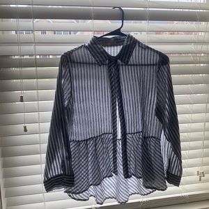 Women’s Button Up, Grey and White striped, Ruffled bottom